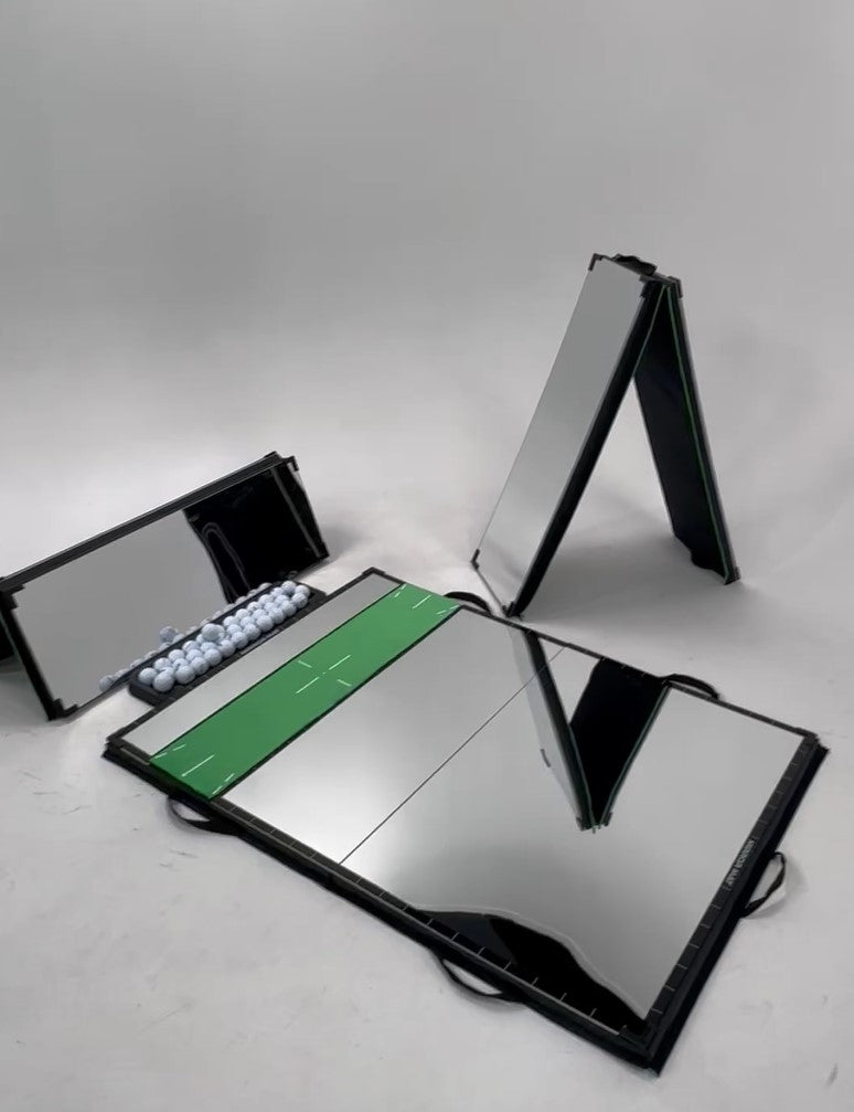 Mirror Mat golf training system with main-mat laid flat and two side wing-mats propped in tented position for different perspectives and multi-angle practice.