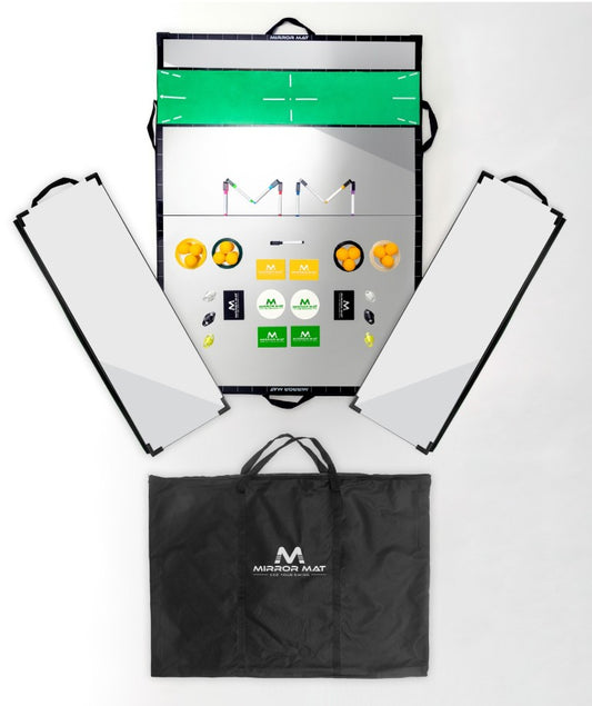 Full Mirror Mat Golf Training System includes main-mat, two side-wing mats, zipper carry case, and training accessories